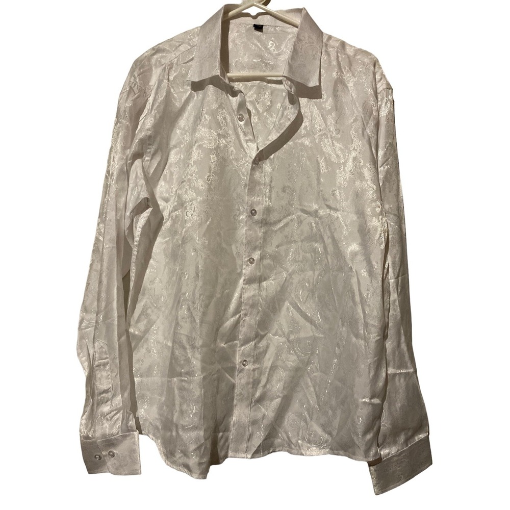 Design In Italy Dressy White Paisley Button Down‎ Dress Shirt Top Size Large
